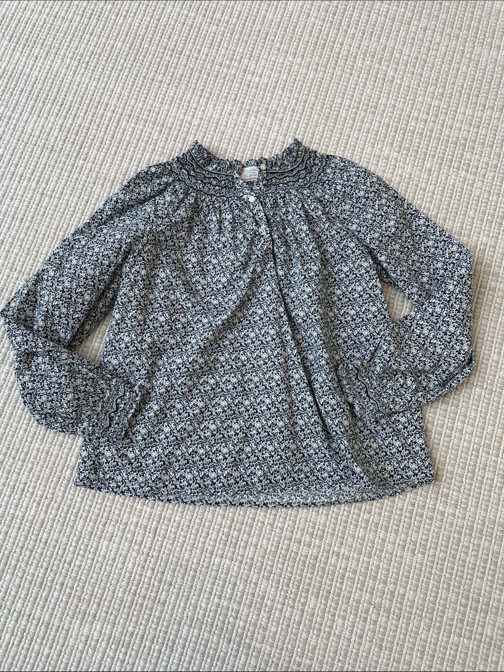 Bonpoint Black & White Floral Smocked-Neck Blouse